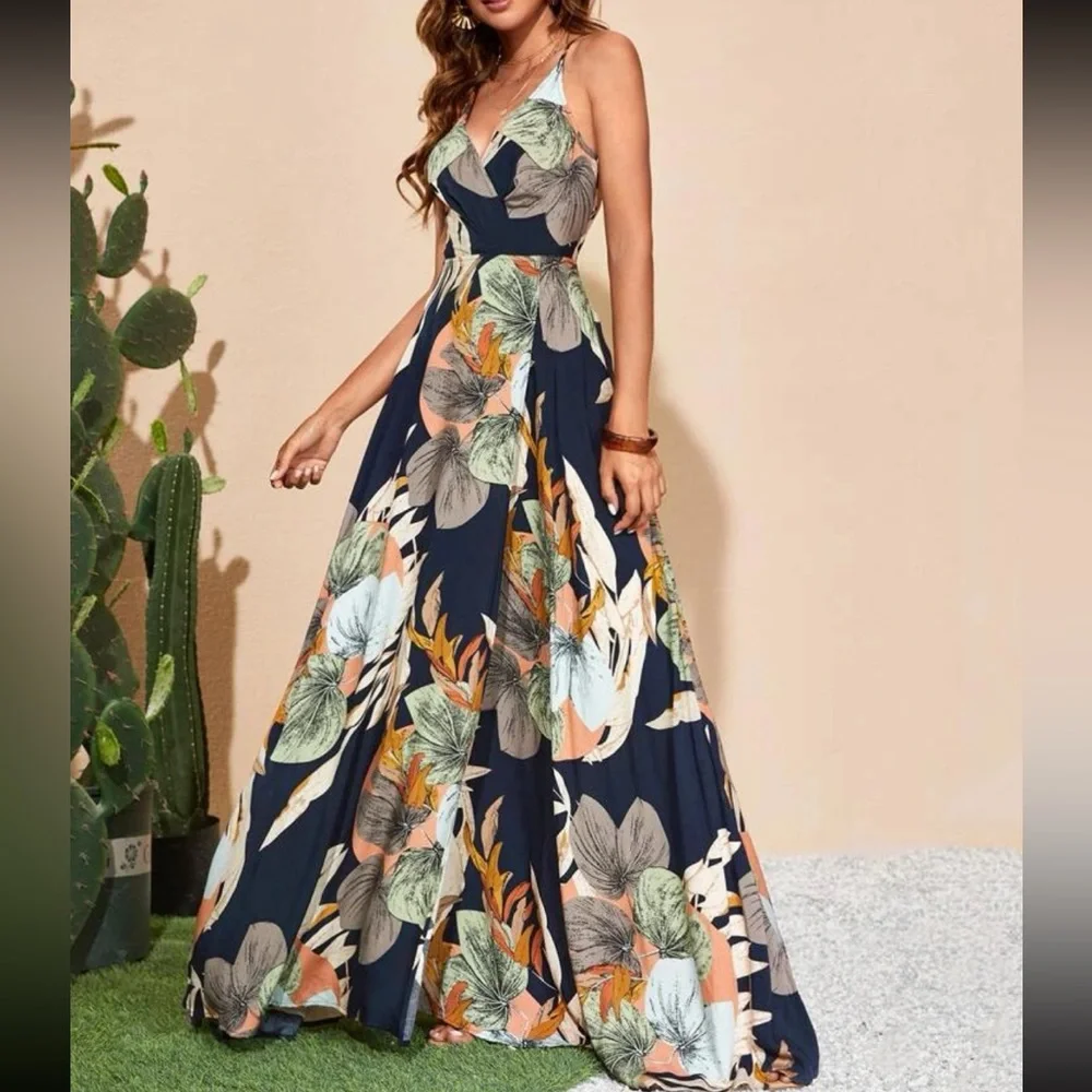 Boho Floral Tropical Print Slit Criss Cross Back Maxi Dress - Picture 4 of 5
